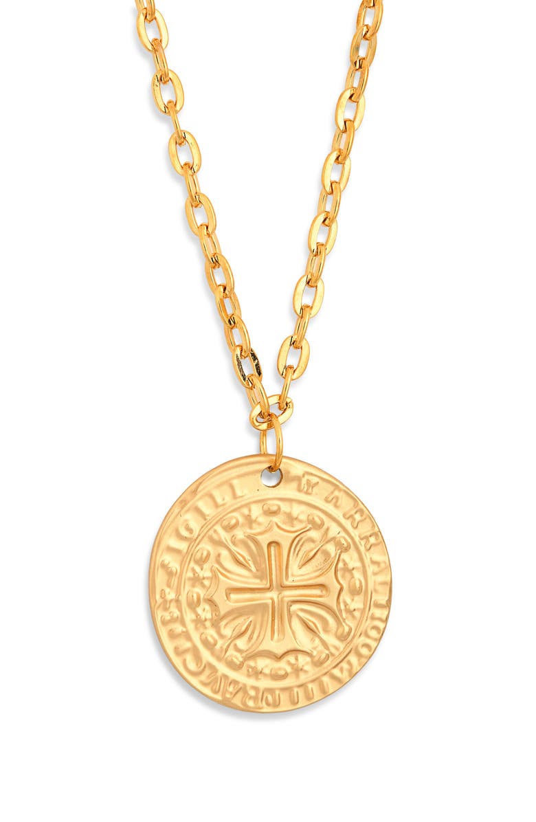 Kenneth Jay Lane Cross Coin Pendant Necklace, Main, color, Polished Gold