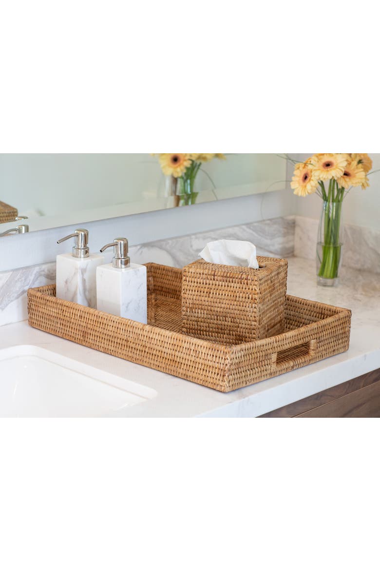 Rectangular Rattan Tray with Cutout Handles, Alternate, color, Honey Brown
