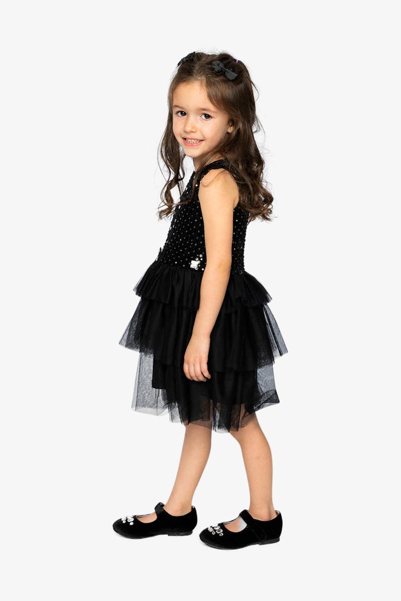 Bi-Material Sparkle Velour Tiered Mesh Sleeveless Dress, Alternate, color, Black
