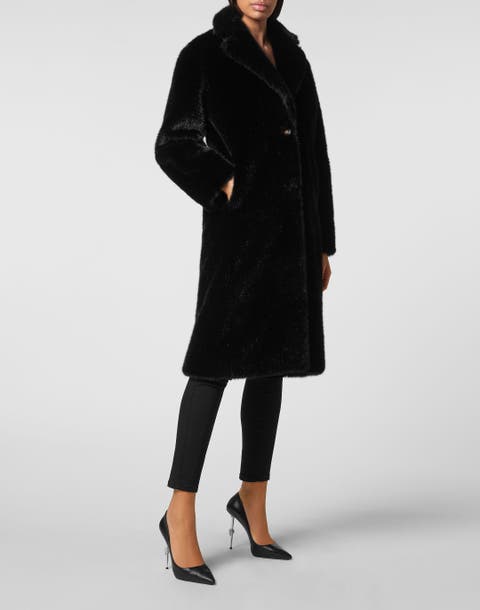 Skull Faux Fur Long Coat Women
