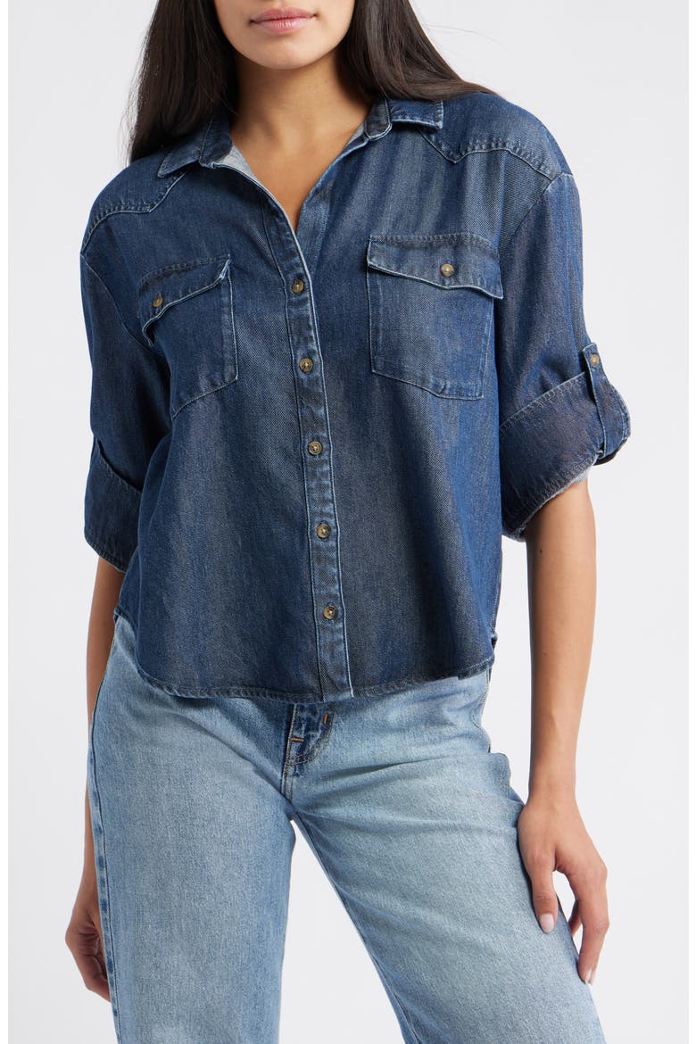 Roll Tab Denim Button-Up Shirt, Main, color, MOONLIT INDIGO WASH