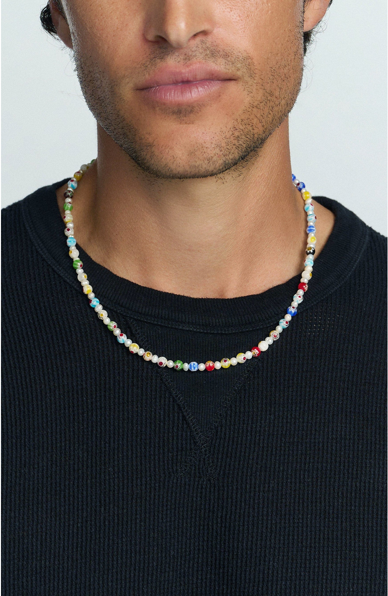 Nialaya Pearl Necklace with Hand-Painted Glass Beads, Alternate, color, Multicolor