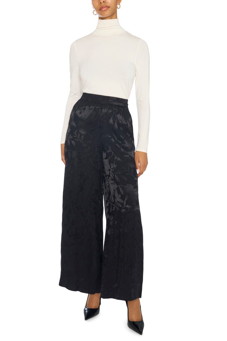 Floral Jacquard Wide Leg Pants, Alternate, color, RICH BLACK