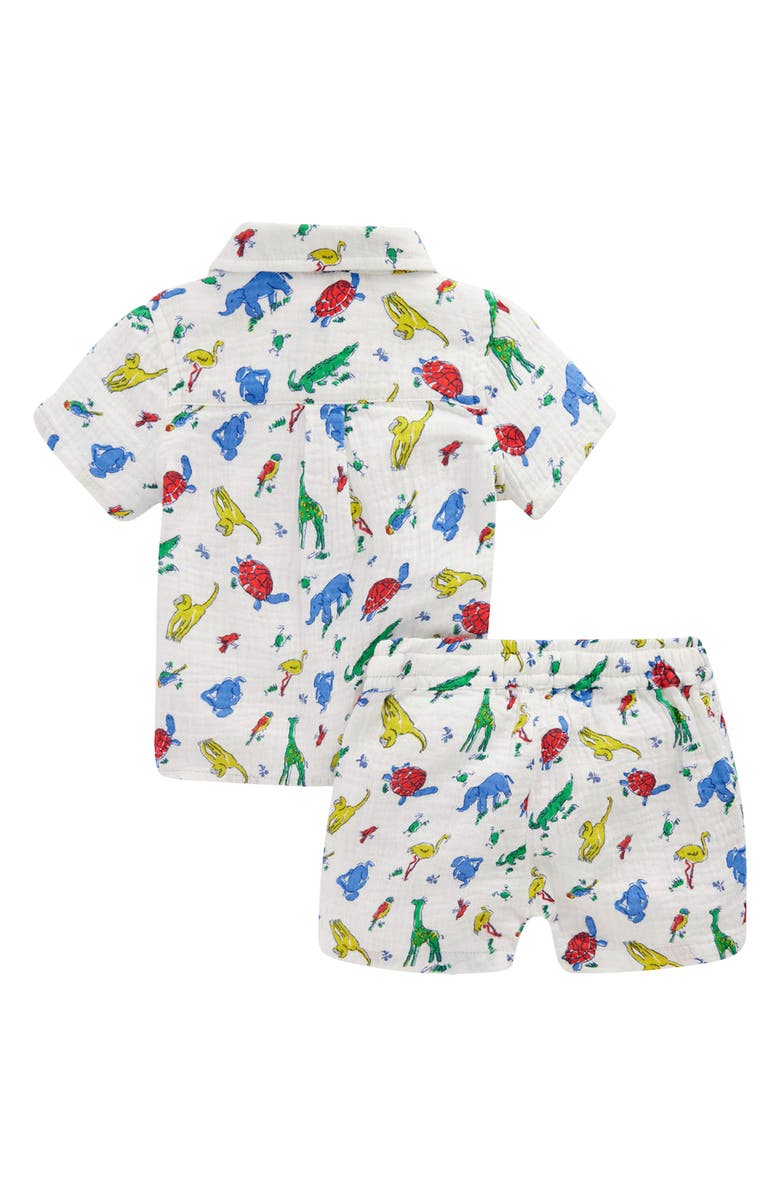 Mini Boden Cotton Gauze Short Sleeve Button-Up & Shorts Set, Alternate, color, Ivory Multi Jungle Animals
