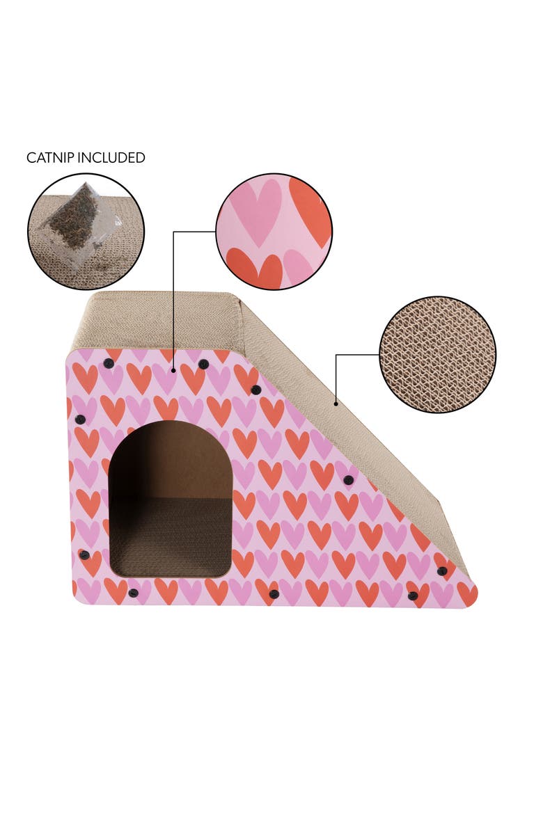Kento Minimalist Cardboard Angled Cat Cave Scratcher with Catnip, Alternate, color, Pink/Red