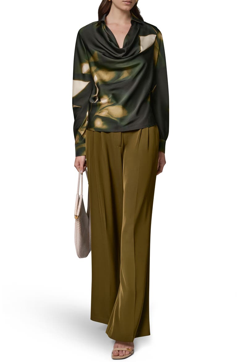 Printed Cowl Neck Satin Top, Alternate, color, OLIVE BRINE