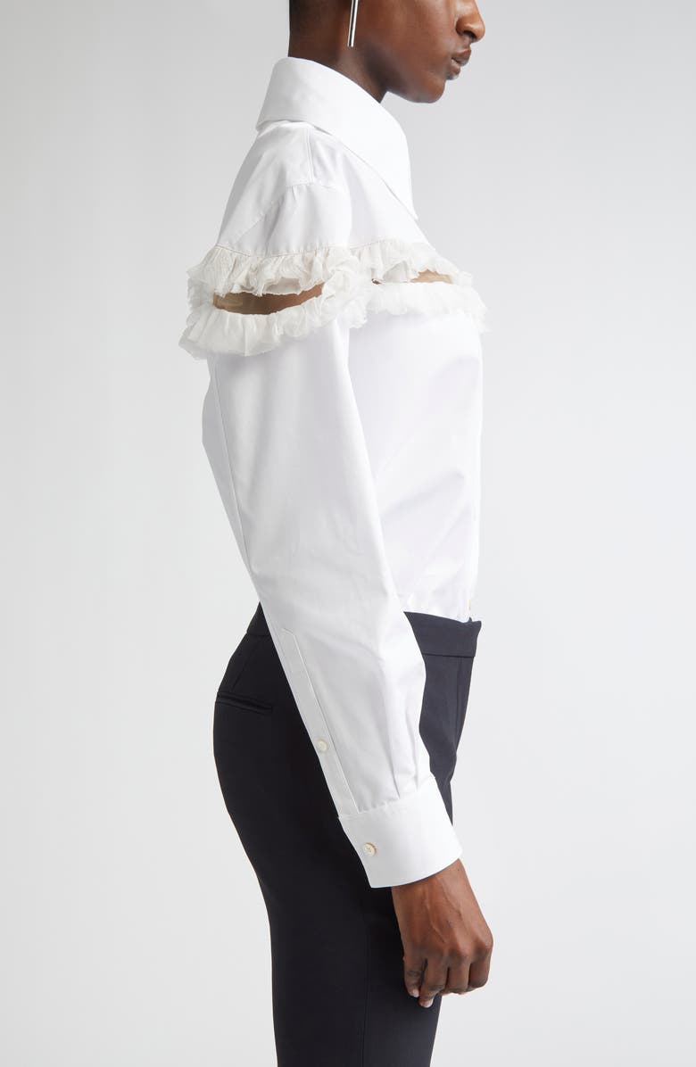 McQueen Ruffle Mesh Inset Cotton Button-Up Shirt, Alternate, color, Optical White