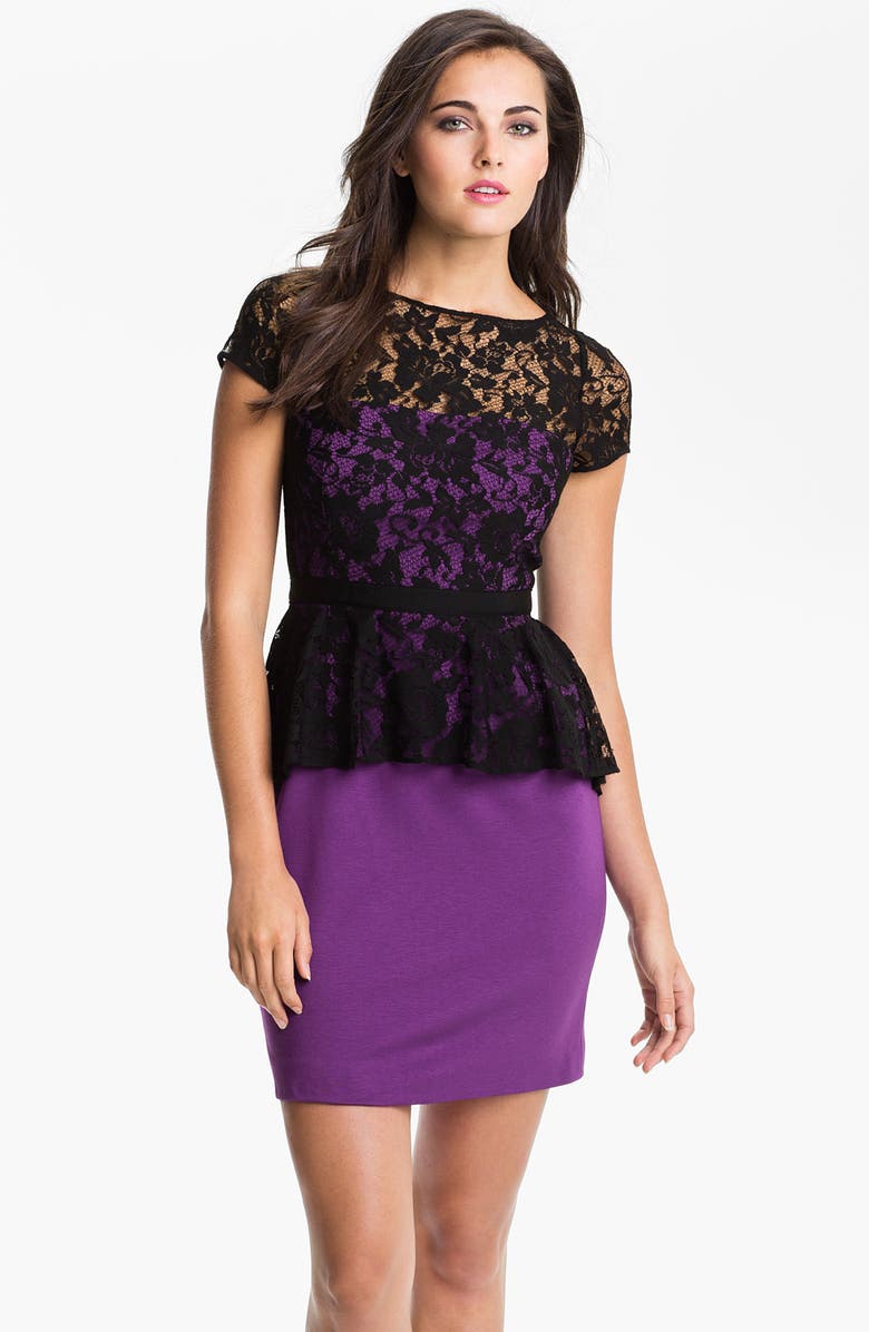 Donna Morgan Lace Overlay Peplum Dress, Main, color,
