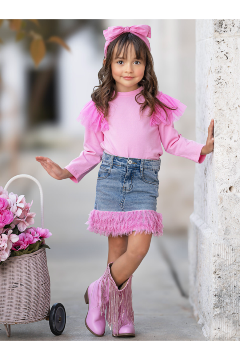 Girls Pink Ruffle Top and Feather Trim Denim Skirt Set, Alternate, color, Pink