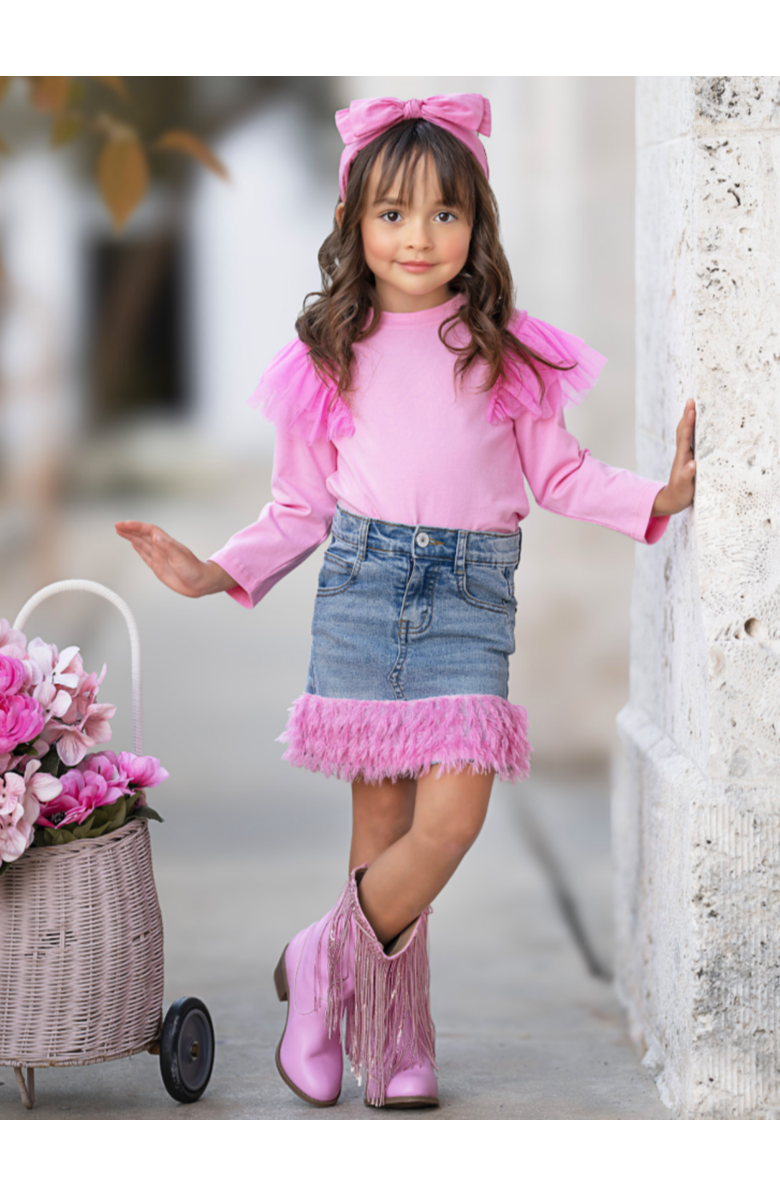 Mia Belle Girls Girls Pink Ruffle Top and Feather Trim Denim Skirt Set, Alternate, color, Pink