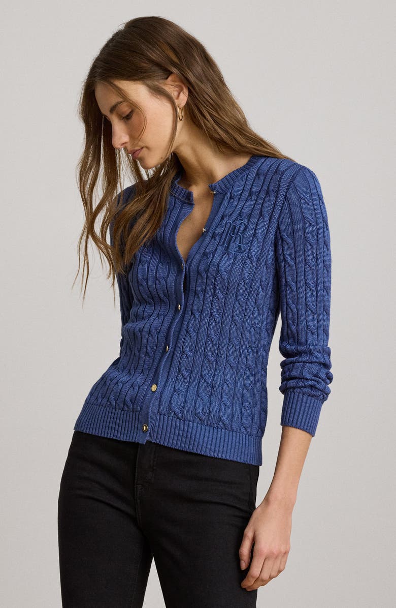 Lauren Ralph Lauren Cable Stitch Cotton Blend Cardigan, Alternate, color, Inky Blue