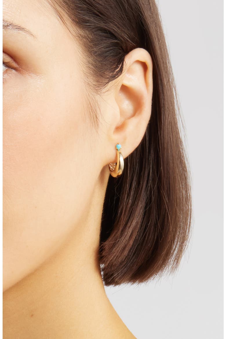 14K Gold Prong Turquoise Tapered Dome Hinge Hoop Earrings, Alternate, color, YELLOW GOLD