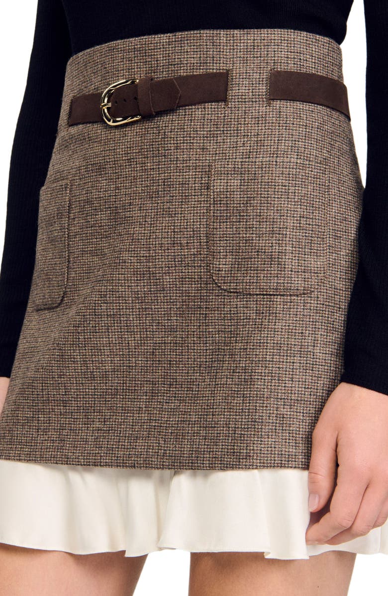 SANDRO Short skirt with frill and belt, Alternate, color, Brown