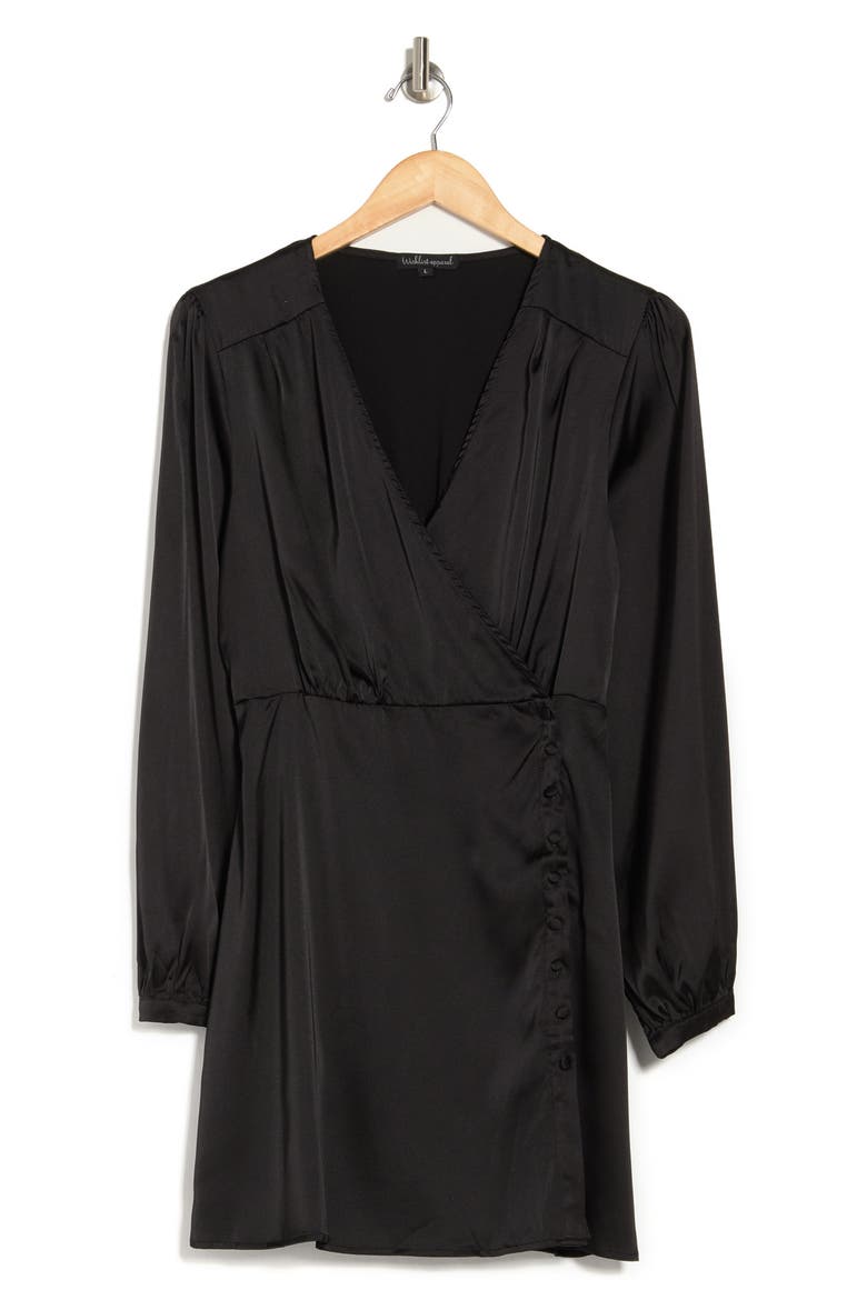 Satin Long Sleeve Mini Dress, Alternate, color, BLACK