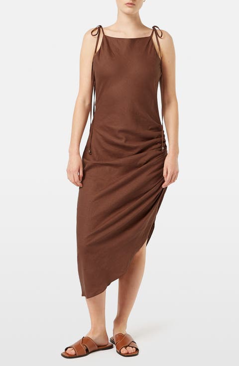 Stretch Linen Blend Asymmetric Midi Dress