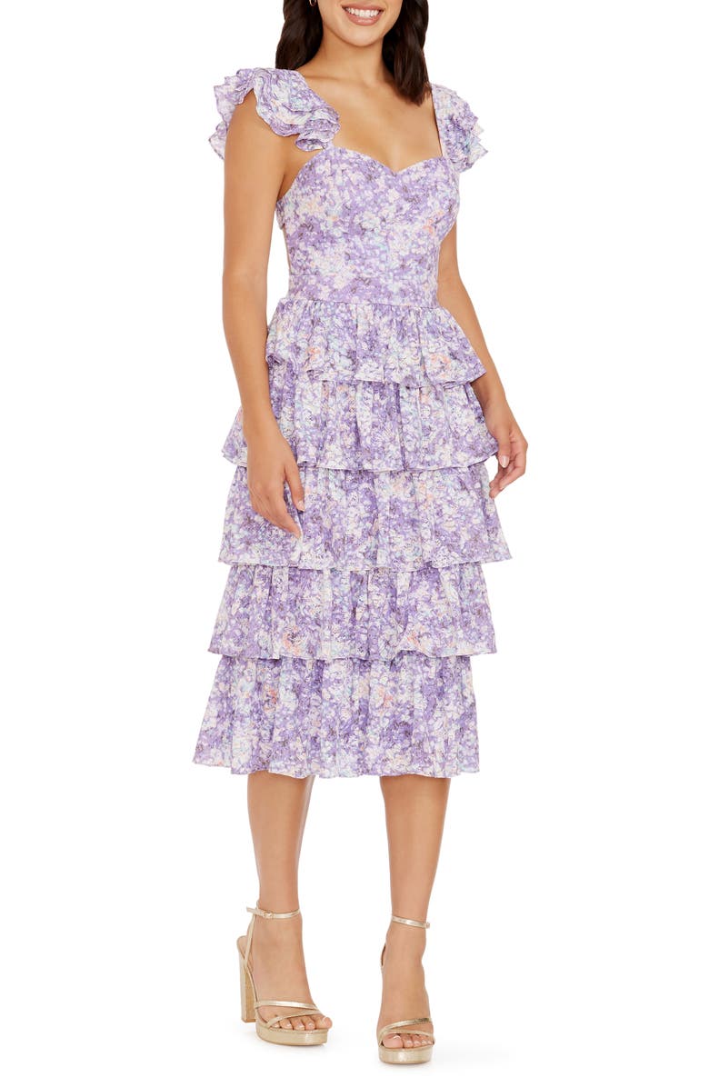 Dress the Population Kristen Floral Ruffle Tier Midi Dress, Main, color, Lavender Multi