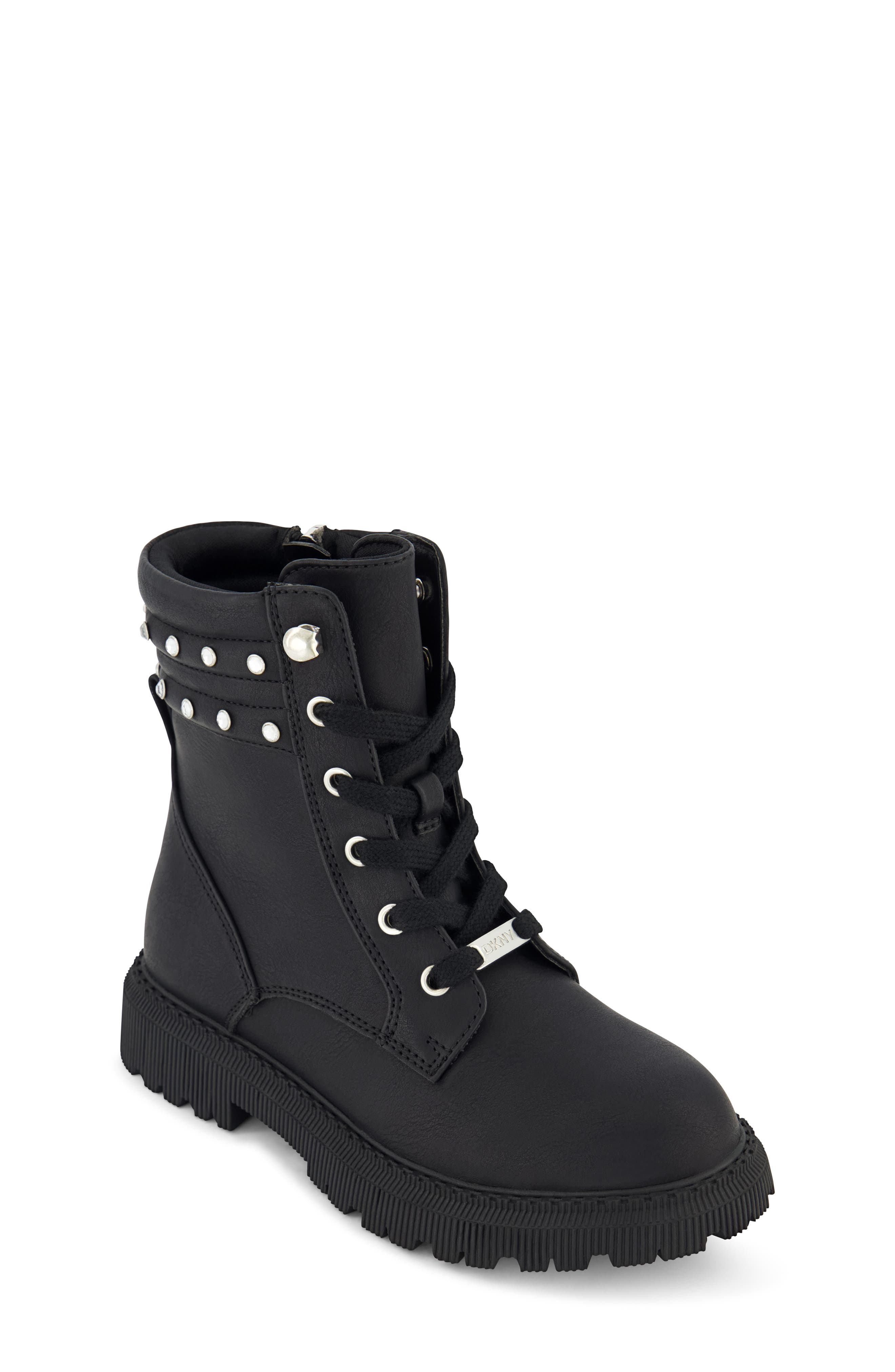 DKNY Kids' Ava Embellished Lug Sole Boot, Main, color, Black