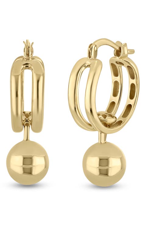 14K Yellow Gold Barbell Drop Huggie Hoop Earrings