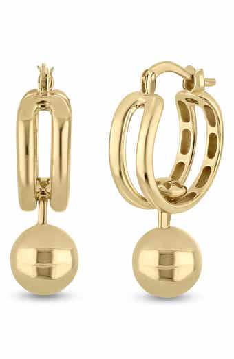 14K Yellow Gold Barbell Drop Huggie Hoop Earrings