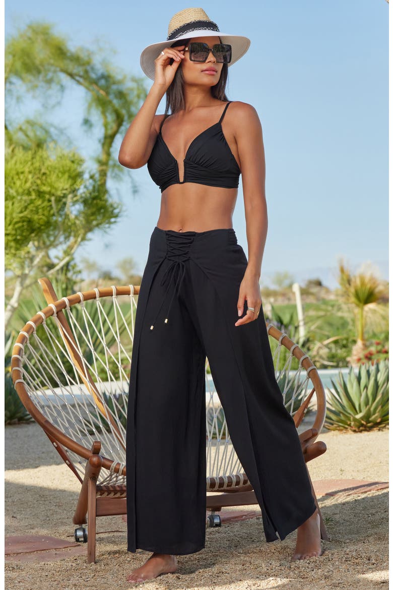 Ponza Lace-Up Wide Leg Cover-Up Pants, Alternate, color, BLACK