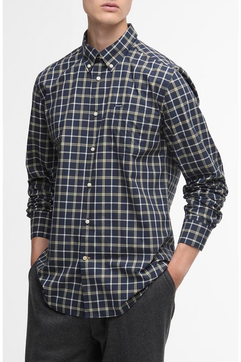Bramham Tailored Fit Plaid Cotton Button-Down Shirt, Main, color, NAVY