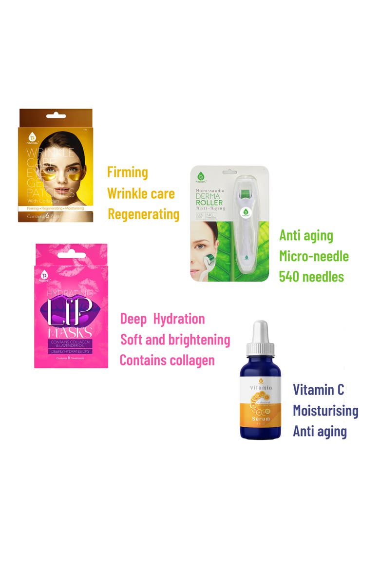 Vitamin C Serum, Eye Gel Patches, Hydrating Lip Masks, and Micro Needle Derma Roller, Alternate, color, Multicolor
