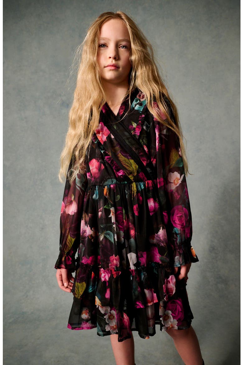 Kids' Floral Print Long Sleeve Chiffon Dress, Alternate, color, PINK