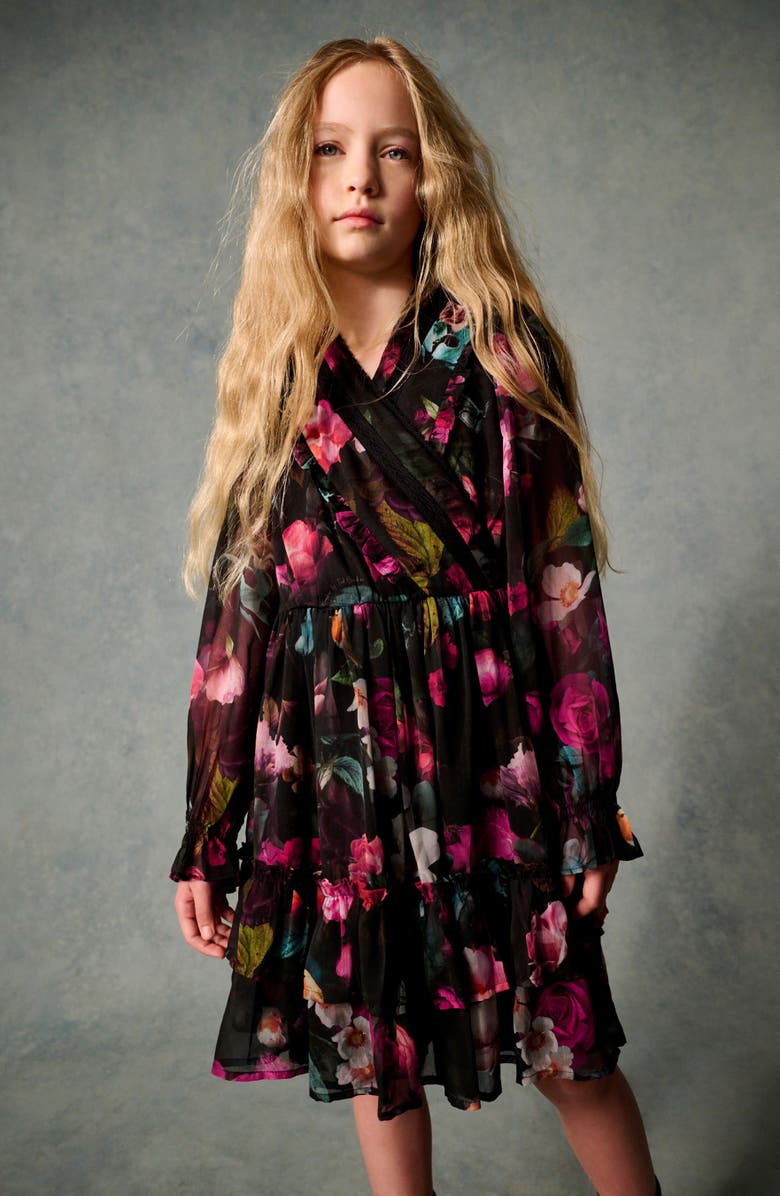 Baker by Ted Baker Kids' Floral Print Long Sleeve Chiffon Dress, Alternate, color, Pink
