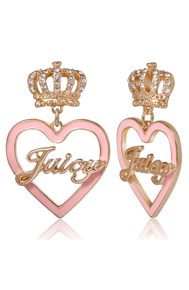 Juicy Couture "Juicy" Gold-Tone Crown & Pink Heart Drop Earrings, Main, color, 