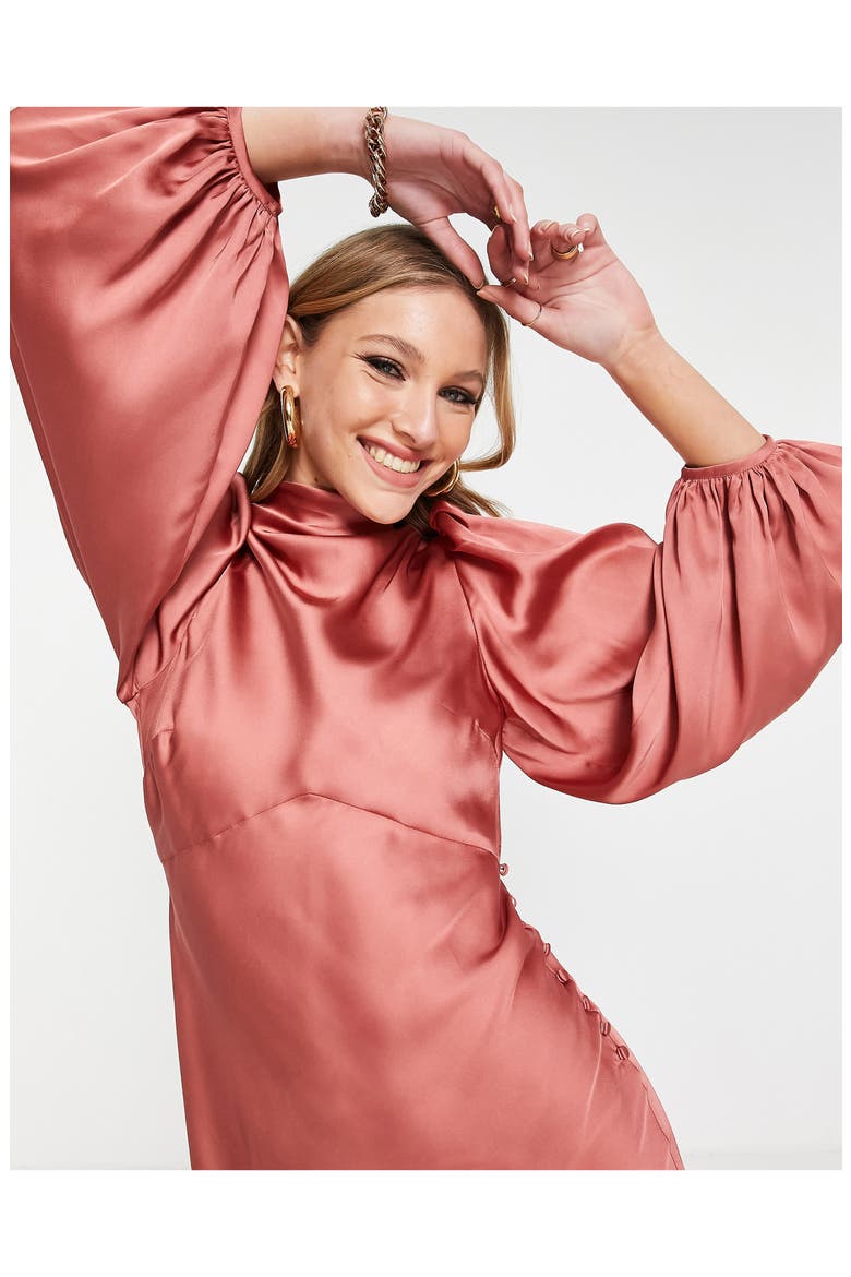 Balloon Sleeve Satin Gown, Alternate, color, PINK