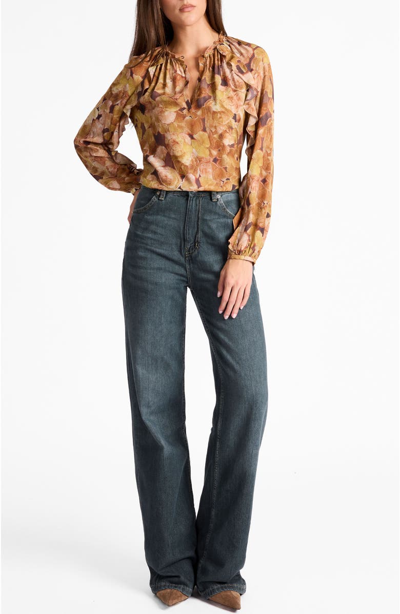 Santorelli Skyla Long Sleeve Ruffle Blouse in Floral Crepe, Alternate, color, Hazelwood Multi
