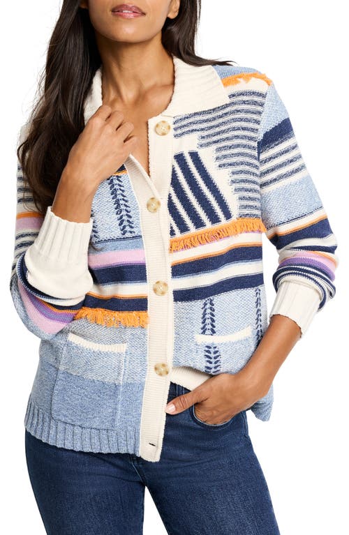 Nic + Zoe Nic+zoe Pattern Play Button Front Cardigan In Indigo Multi