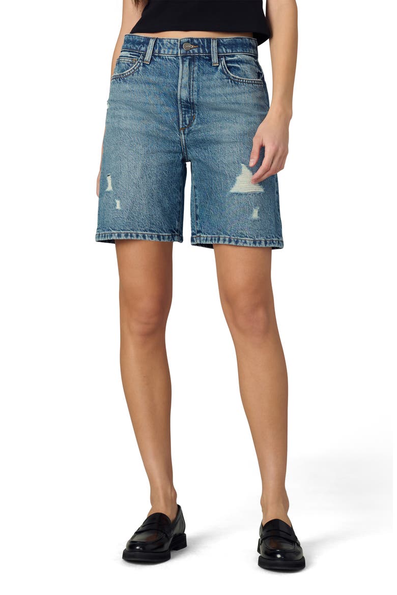 The Joey Distressed Long Denim Shorts, Main, color, SHOWDOWN DESTRUCT