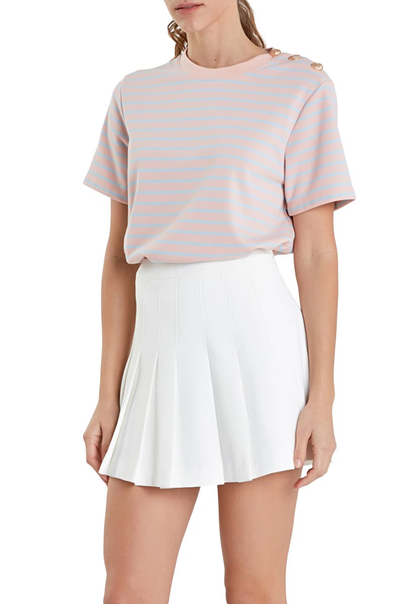 English Factory Button Stripe Jersey T-Shirt, Alternate, color, Pink/ Blue