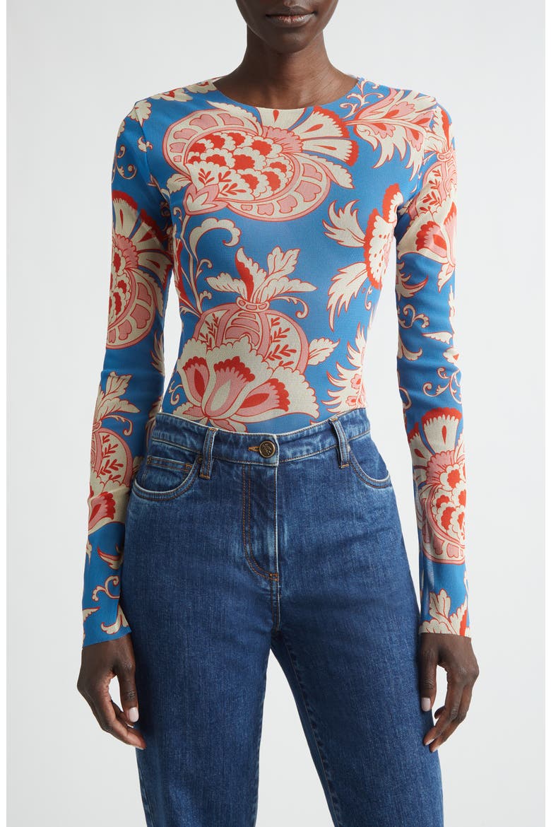Paisley Print Mesh Top, Main, color, PRINT ON PALE BLUE BASE