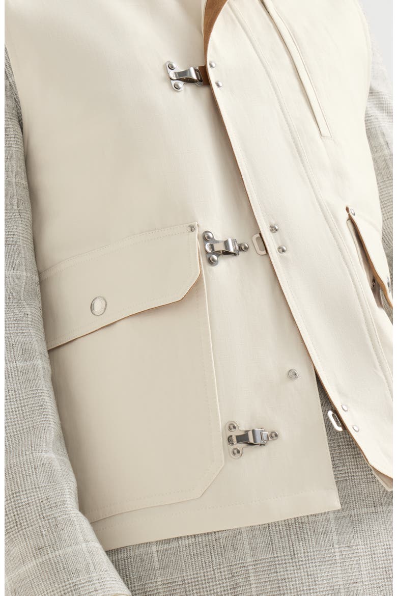 Cotton and linen canvas vest with suede inserts and hook fastening, Alternate, color, White