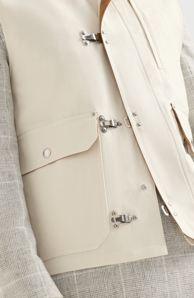 Brunello Cucinelli Cotton and linen canvas vest with suede inserts and hook fastening, Alternate, color, White