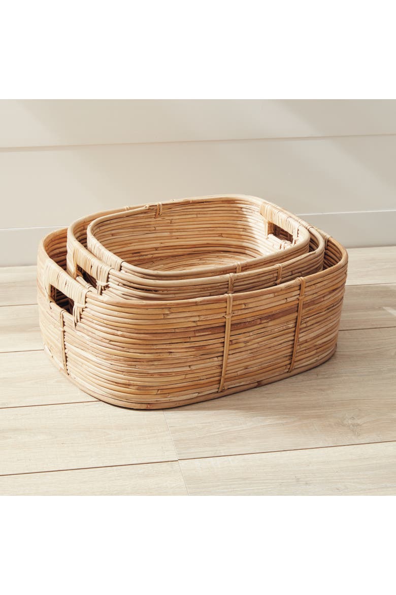 Cane Rattan Rectangular Baskets With Handles Set of 3, Alternate, color, Beige