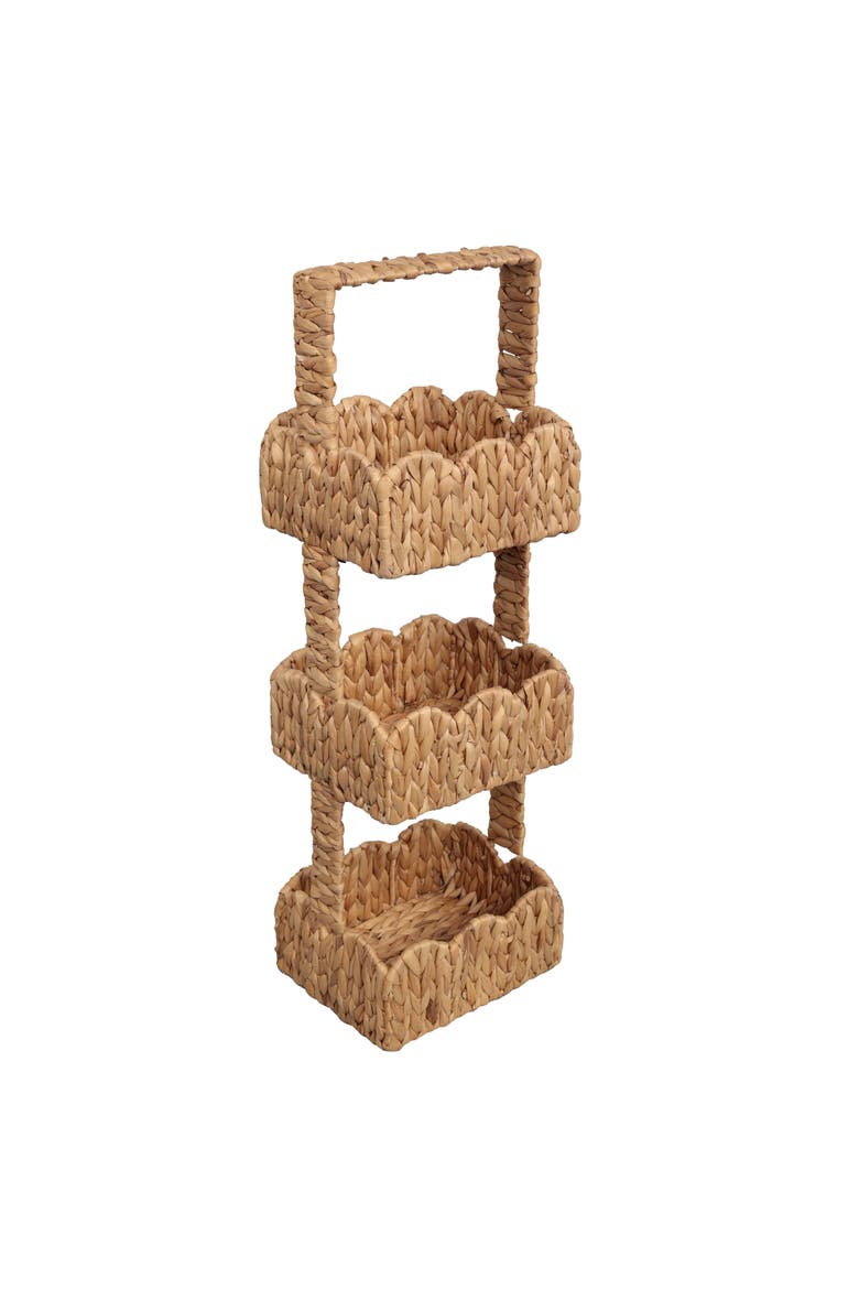 Terra Coastal Handwoven Water Hyacinth 3-Tier Scalloped Basket Freestanding Storage Tower Stand with Top Handle, Main, color, Natural