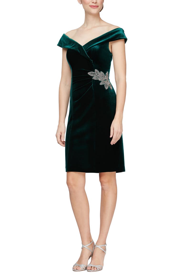 Off the Shoulder Velvet Sheath Dress, Main, color, FOREST