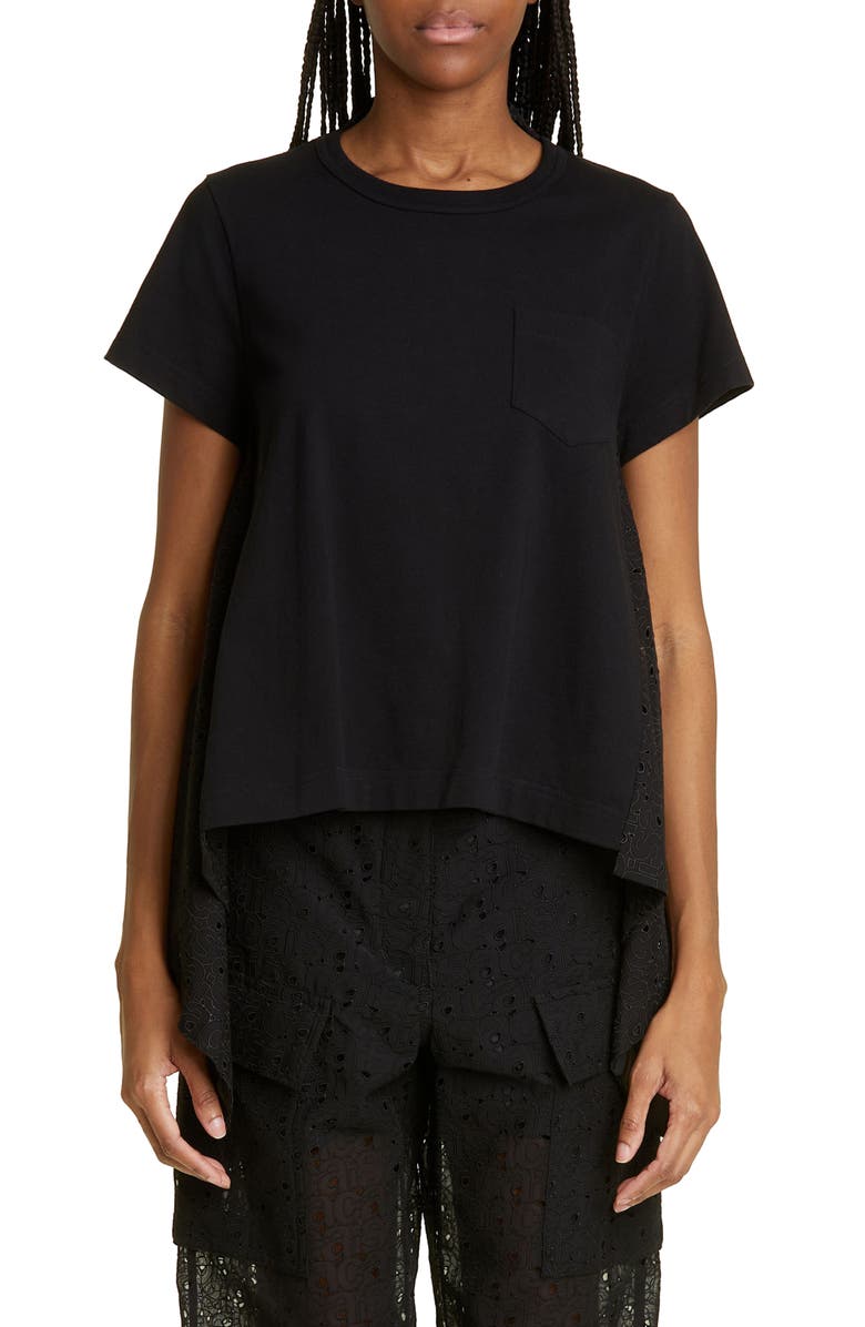 Sacai Embroidered Eyelet & Jersey Asymmetric T-Shirt | Nordstrom