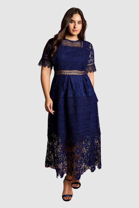 Plus Short Sleeve Lace Midi Dress
