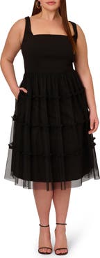Adrianna Papell Mesh Overlay Tiered Midi Cocktail Dress
