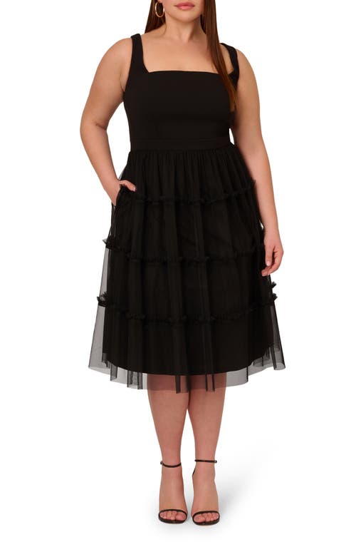 ADRIANNA PAPELL ADRIANNA PAPELL MESH OVERLAY TIERED MIDI COCKTAIL DRESS