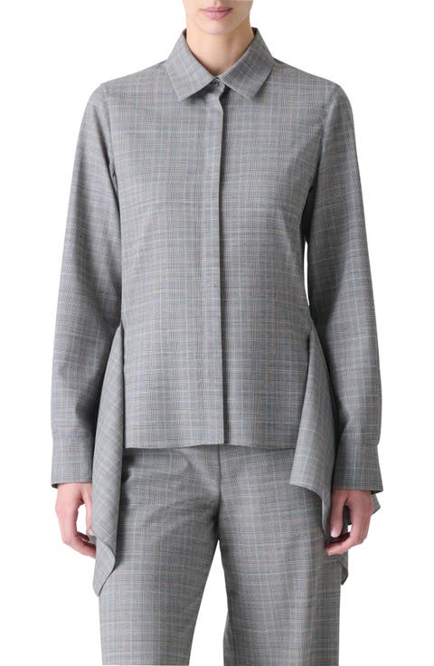Prince of Wales Plaid Cool Wool Peplum Button-Up Shirt