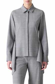 Akris Prince of Wales Plaid Cool Wool Peplum Button-Up Shirt