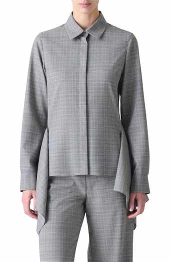 Akris Prince of Wales Plaid Cool Wool Peplum Button-Up Shirt