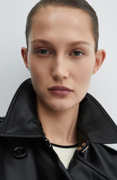 Mango Double Breasted Belted Faux Leather Trench Coat In Black