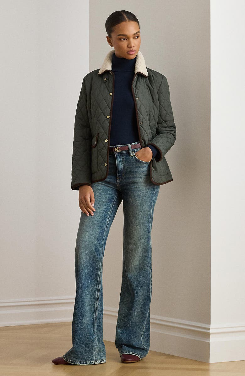 Lauren Ralph Lauren Quilted Faux Shearling Collar Jacket, Alternate, color, Litchfield Loden