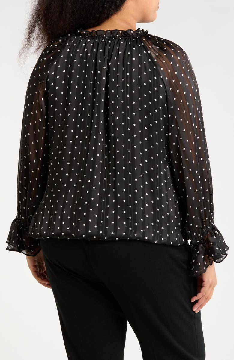 Adrianna Papell Polka Dot Tie Keyhole Long Sleeve Top, Alternate, color, Black/ Cream Dot